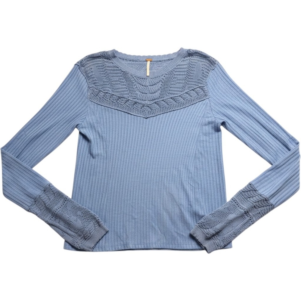 Free People Light Blue Ribbed Crochet Lace Yoke Long Sleeve Top Small